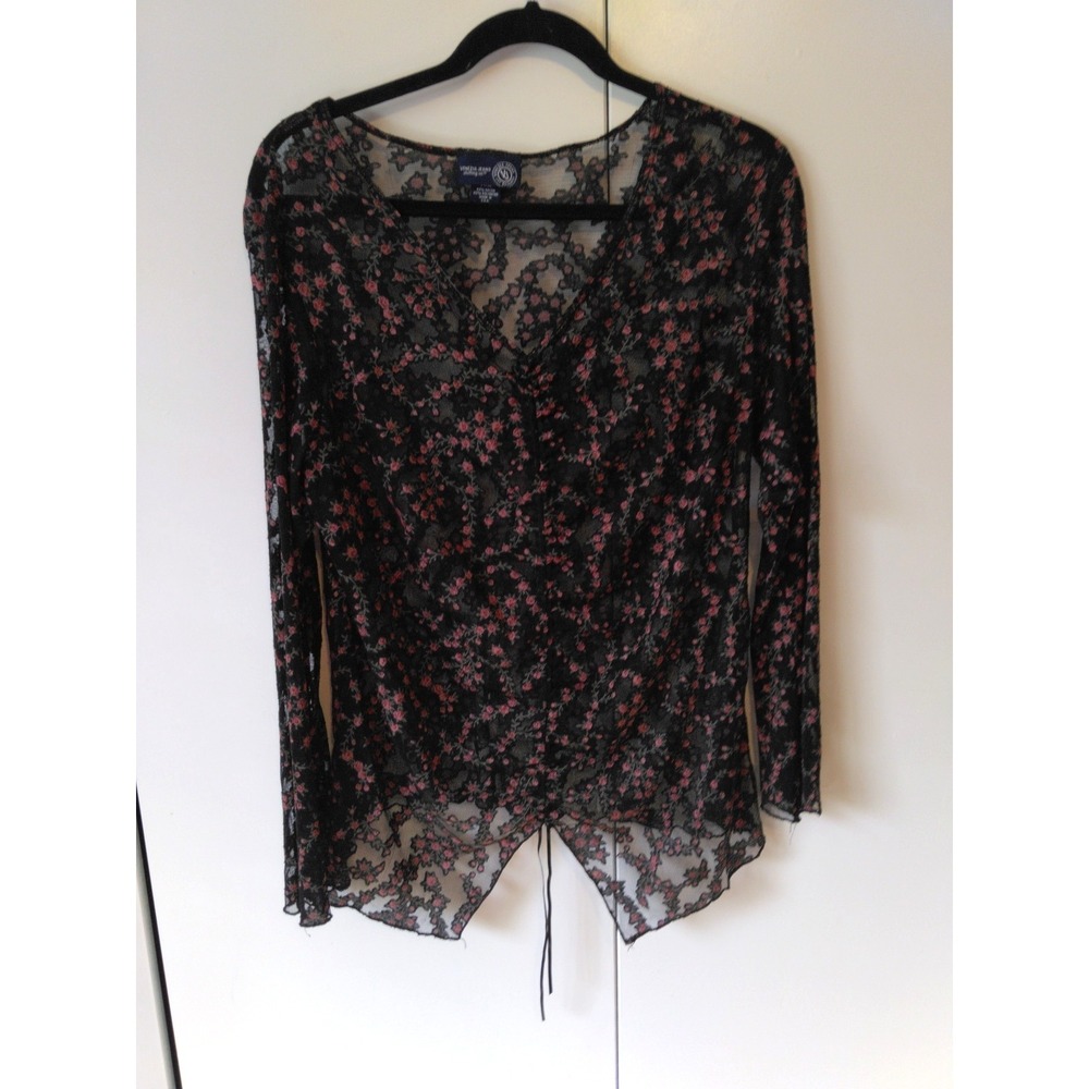 Women's Ditsy Floral Mesh Front Shirring Top Size 14/16 Sheer Y2K Dark Coquette